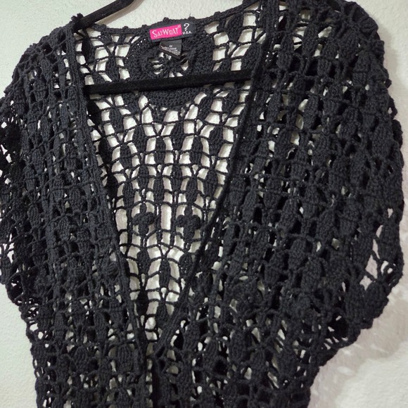 Y2k Say What? Open Knit crochet style black short sleeve cardigan size Medium - Picture 3 of 7